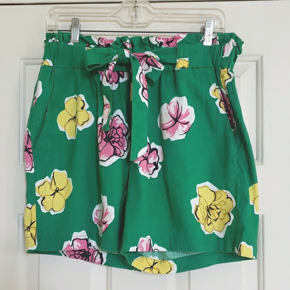 Charter Club Linen Paperbag Floral Tie Waist Green Pink Yellow Summer Shorts M - Picture 3 of 12